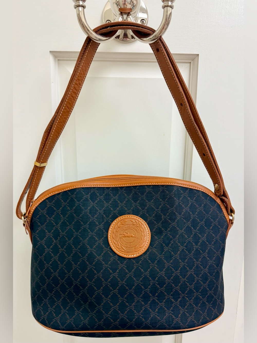 LONGCHAMP Vintage 90โs Equestrian Monogram Canvas Leather Crossbody Bag France
